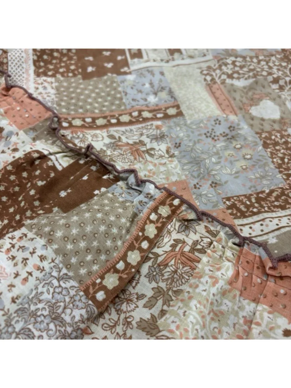 Vintage 1970s Tablecloth 68 Inch Brown Patchwork Ruffles Cottagecore Granny Deco